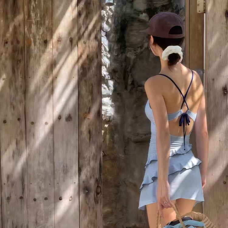 Korean Creamy-Style Conservative Ruffle Cake Dress For Women