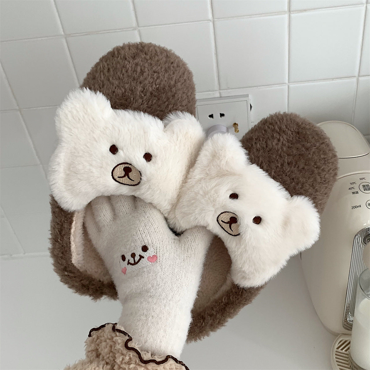 Cute Bear Plush Shoes Women's Warm Cotton Slippers