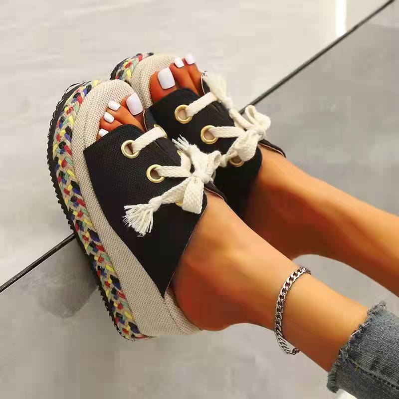 Fish Mouth Linen Platform Beach Sandals