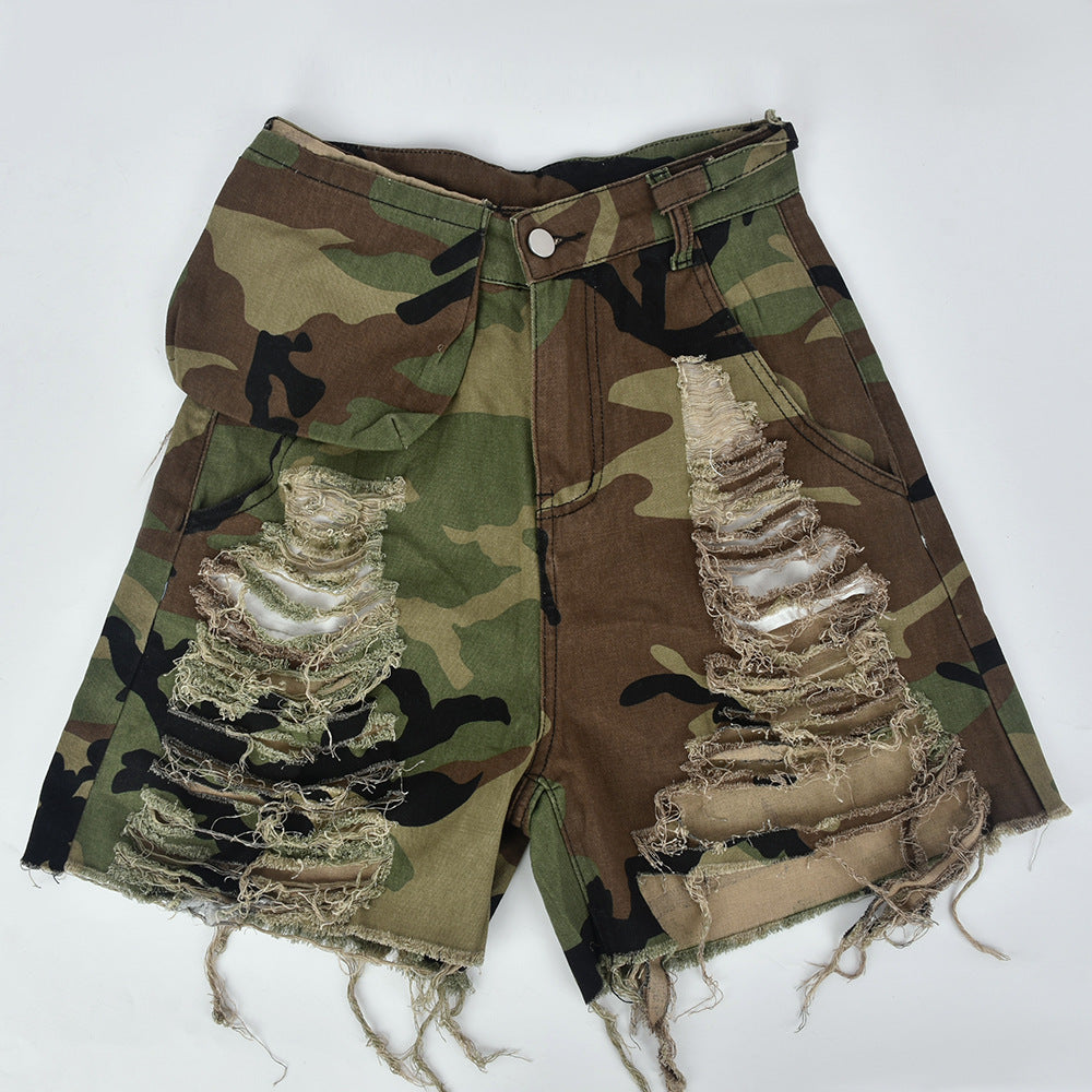 High-waist Camouflage Wash Personalized Tassel Pants