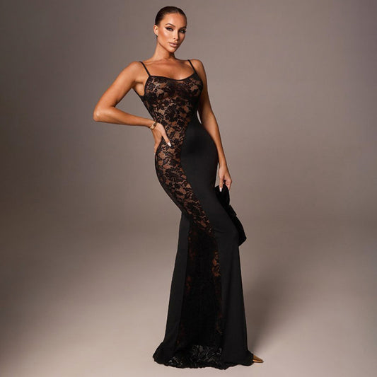 Solid-color Sleeveless Sexy Lace-spliced Slip Bodycon Maxi Dress