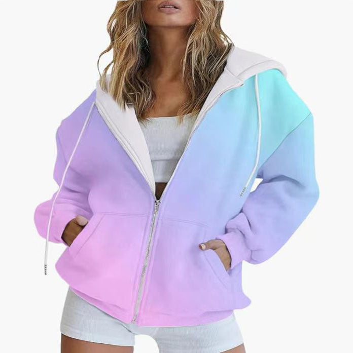 Gradient 3D Digitalprint Casual Langærmet Lynlås Hættetrøje Sweater Til Kvinder