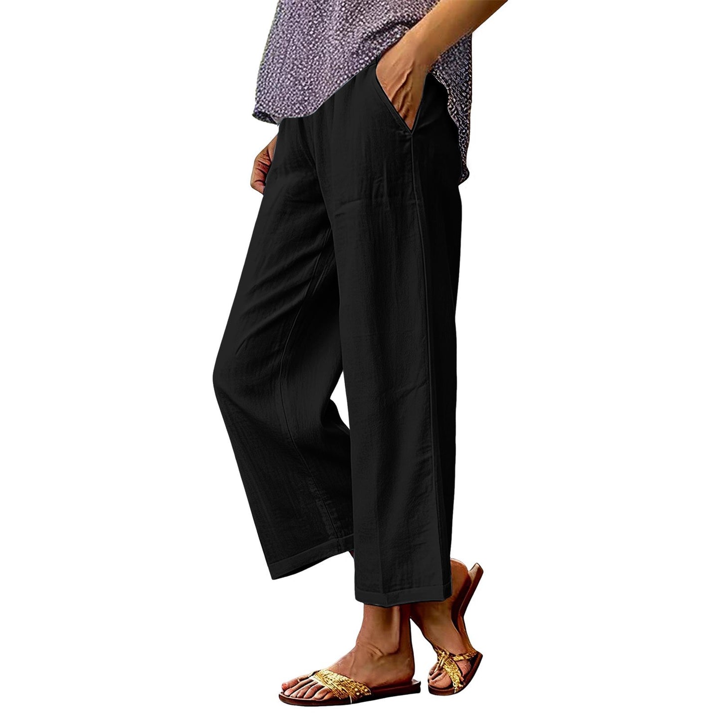 Womens Solid-Color Cotton-Linen Loose-Fit Wide-Leg Casual Pants