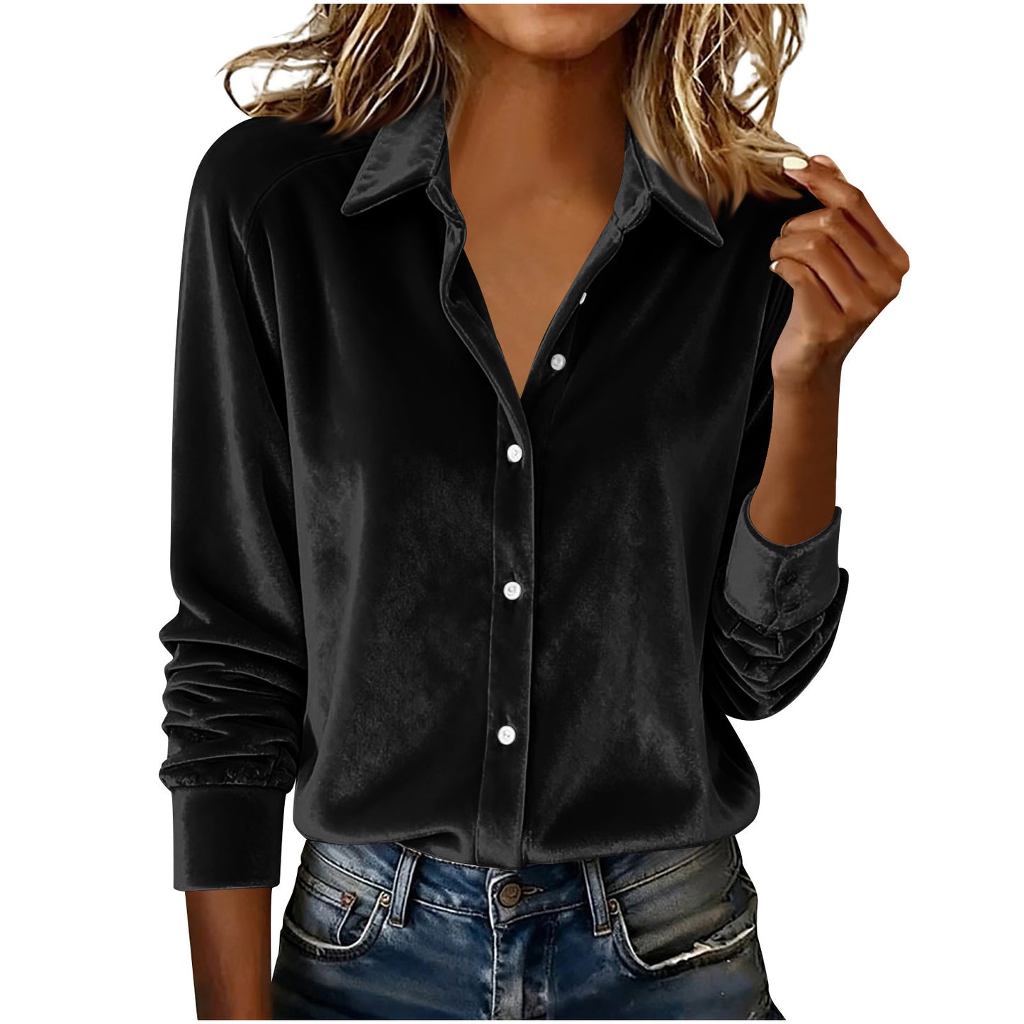 Versatile Solid-color Gold-velvet Shirt With A Lapel Collar