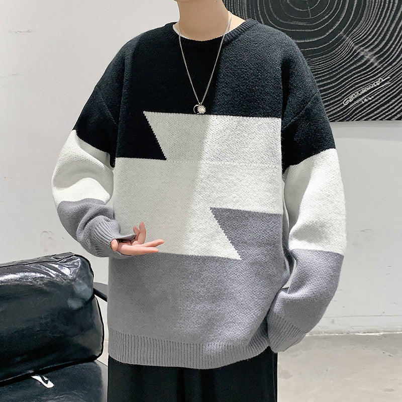 Men's Color Block Loose Round Neck Sweater