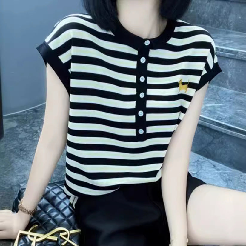 Half-button Small Lapel Ice Silk Knitted Embroidered Striped Vest Top