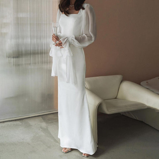 Square Collar Stitching Mesh Flared Sleeves Waist Slimming Fishtail Dress