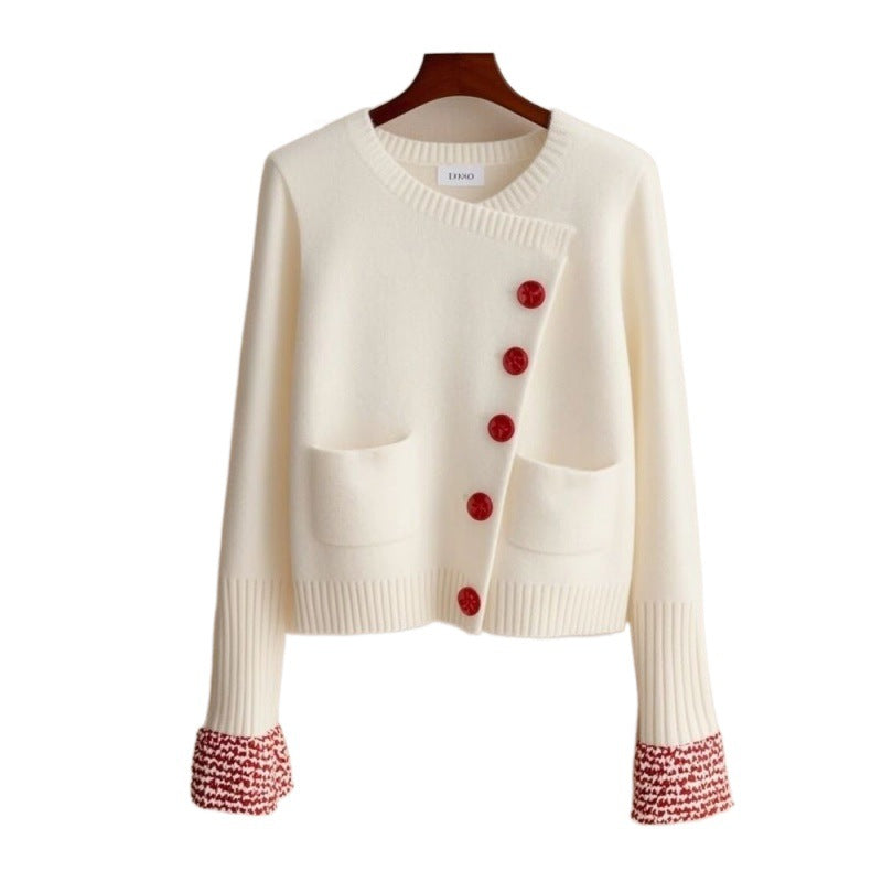 Design Sense Outer Wear Diagonal Buckle White Sweater Coat