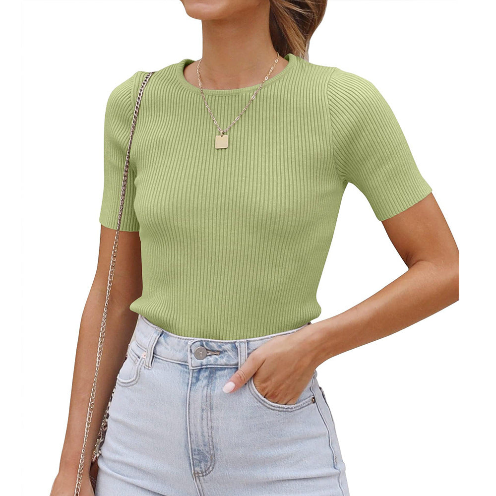 Top Hot Girl Autumn Short Sleeve Slim Round Neck Rib Milk Silk T-shirt For Women