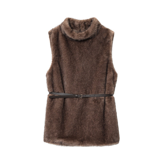 Elegant Women's Sleeveless Belt Turtleneck Top