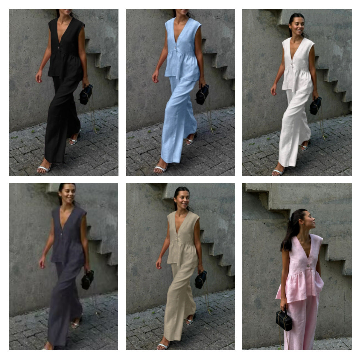 Womens Cotton V-Neck Sleeveless Vest And Wide-Leg Pants Set