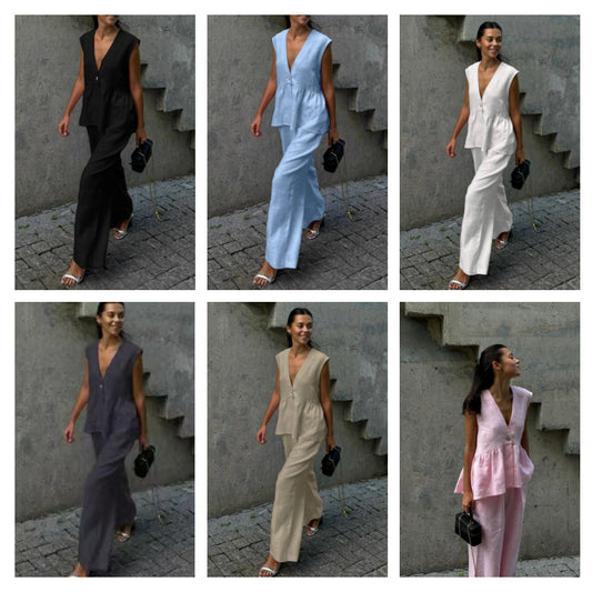 Womens Cotton V-Neck Sleeveless Vest And Wide-Leg Pants Set