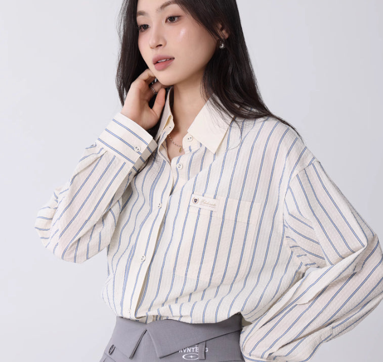 Korean College Style Texture Striped Shirt For Women