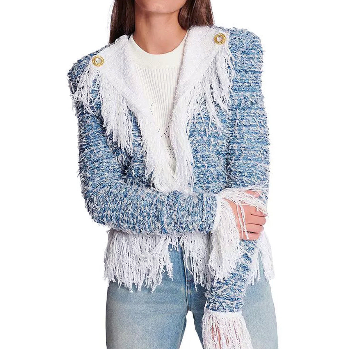 Blue Tassel Tweed Turn-down Collar Coat Elegant Socialite Top