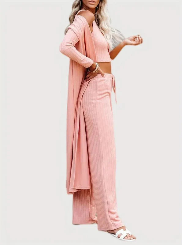 Plus Size Solid Color Cardigan Knitwear With Vest And Casual Pants Three-piece Set
