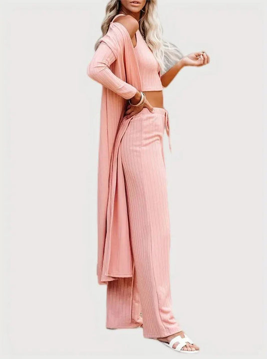 Plus Size Solid Color Cardigan Knitwear With Vest And Casual Pants Three-piece Set