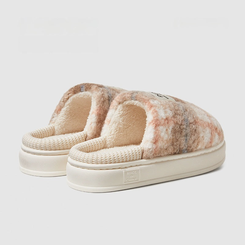 Winter Home Warm Antibacterial Retro Plaid Fleece-lined Thick Slippers