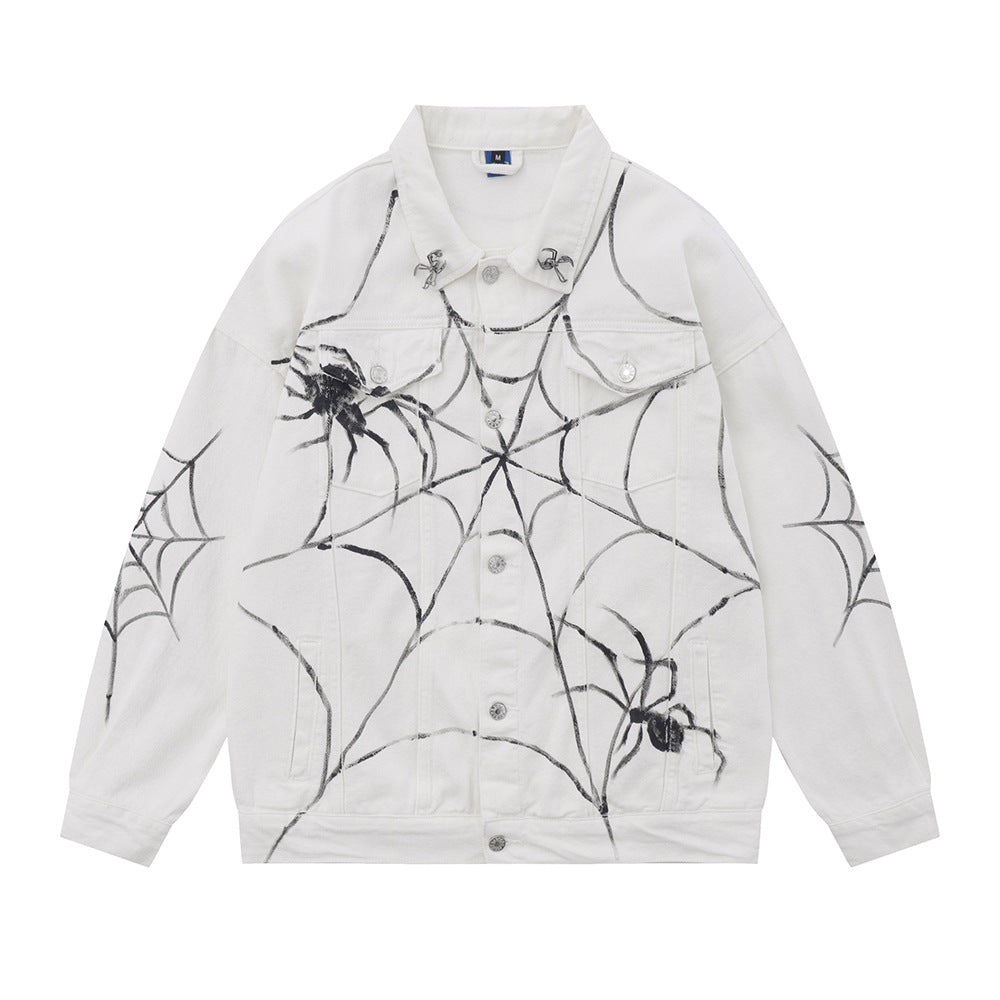 Spring And Autumn Jacket Men's Spider Web Printed Design Sense Niche High Street Washed And Worn Denim Coat