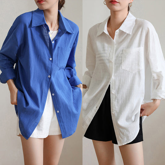 Sunscreen Cardigan Summer Thin Loose French-style Cotton-Linen White Shirt