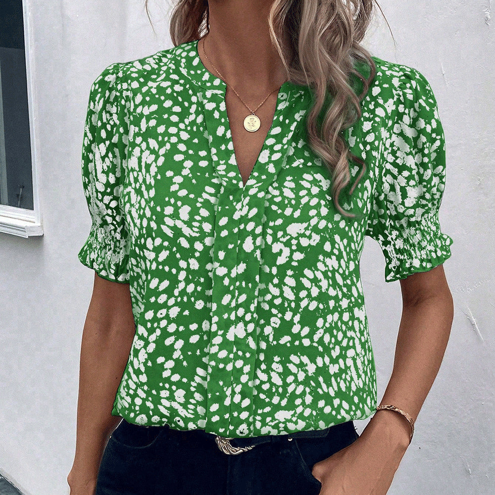 Women's Casual V-Neck Printed Pleated Short-Sleeve Chiffon Blouse