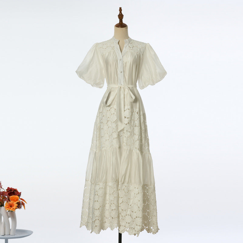 Female Strap Lace Splicing V-neck Bubble Sleeve Dress