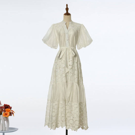 Female Strap Lace Splicing V-neck Bubble Sleeve Dress