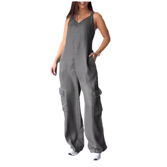 Europæiske og amerikanske tynde jeans med lomme og V-hals-jumpsuit