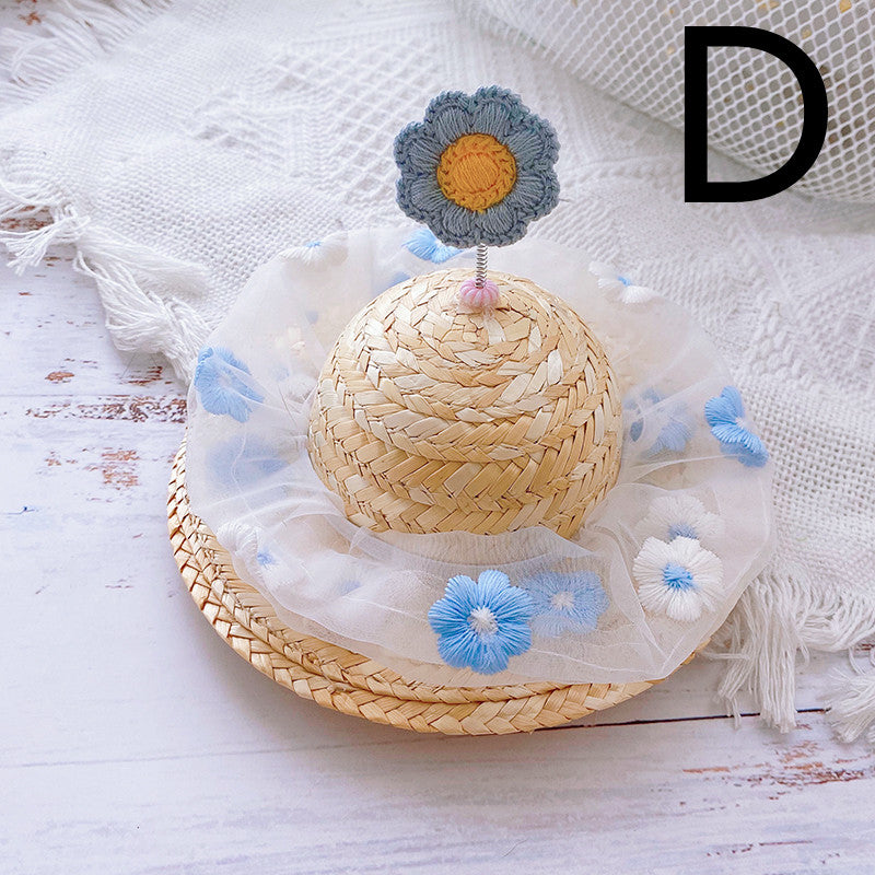 Pet Cute Knitted Straw Hat Flower Hat Cat Dog Photo Props