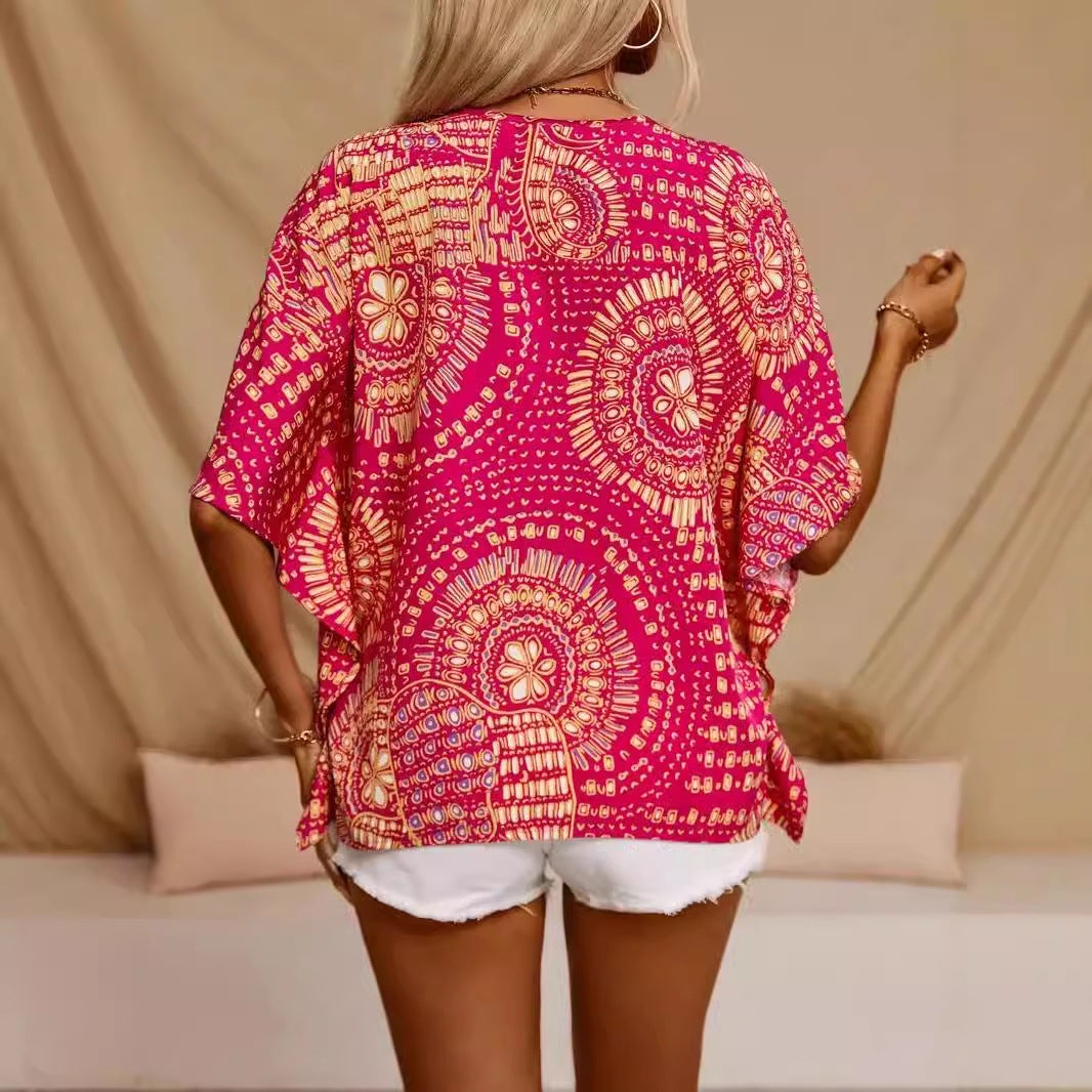 European And American Leisure Shirt New V-neck Printed Vacation Style