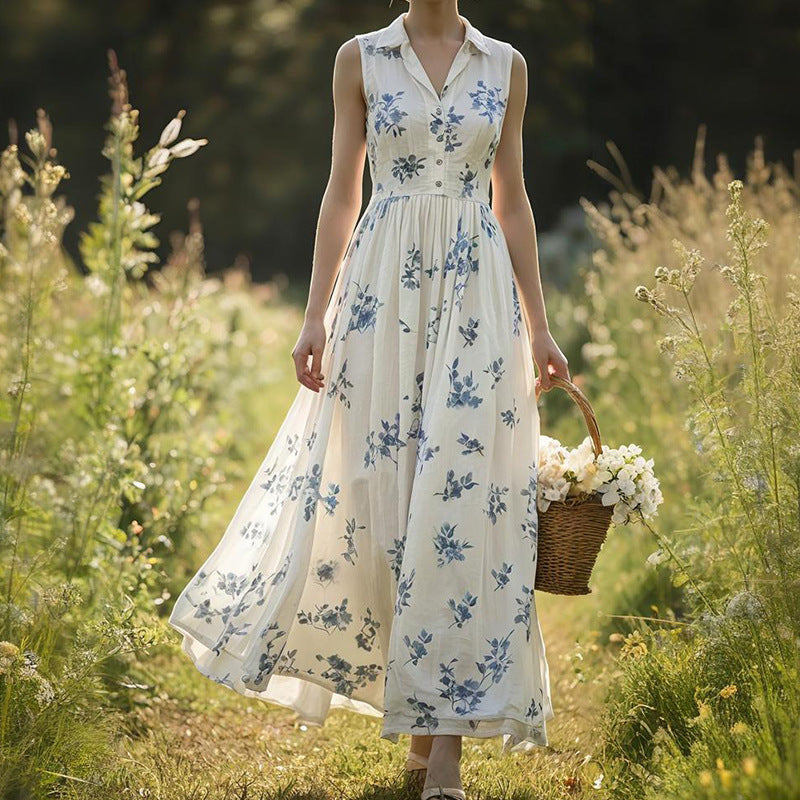 Printed Sleeveless V-Neck Defined-Waist Casual Dress