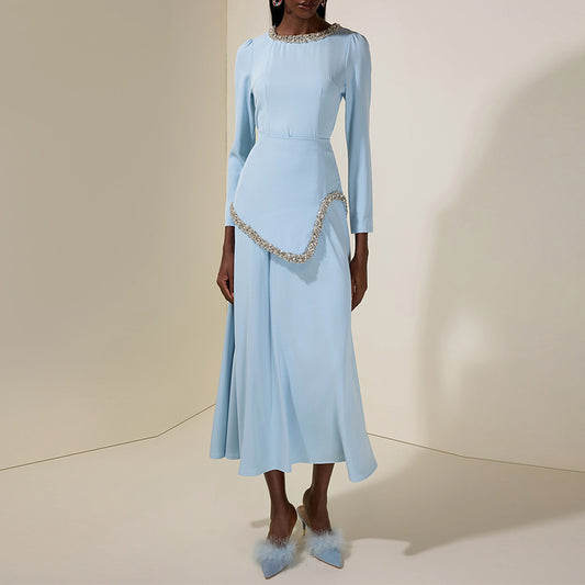 Rhinestone-Embellished Long-Sleeve Waist-Cinching High-Waist Skirt Set