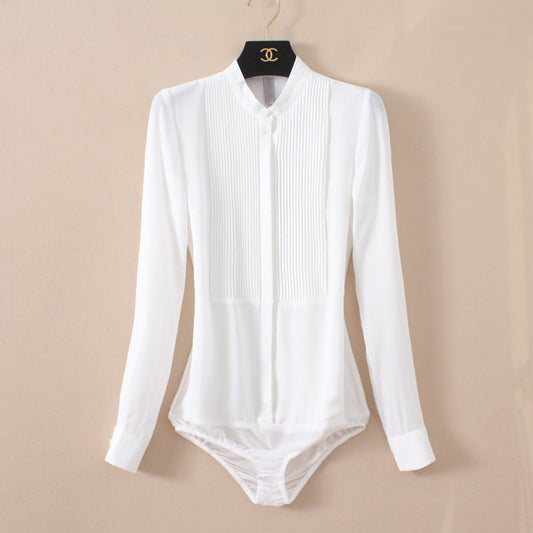 Stand Collar Organ Pleated Chiffon Shirt One-piece