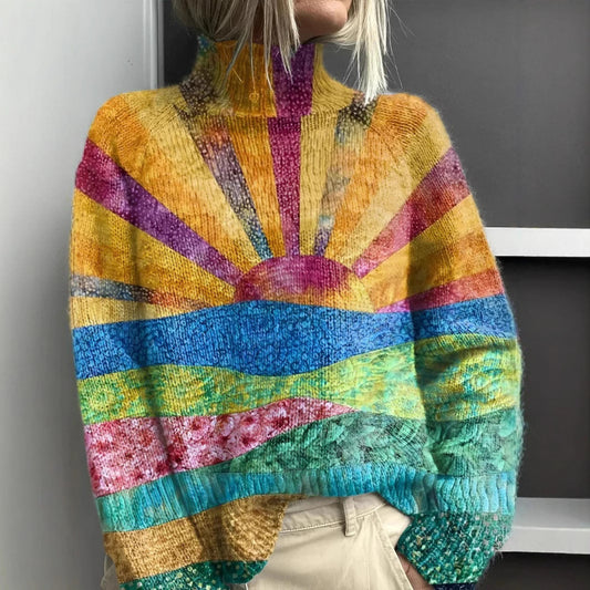 Printed Casual Turtleneck Bedford Cord Sweater