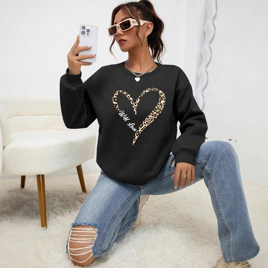 Leopard Vildt Hjerte Mønster Print Kvindelig Sweatshirt Sæt Pels-L