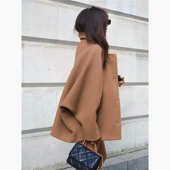 Fashion Brown Lapel Batwing Sleeve Coat