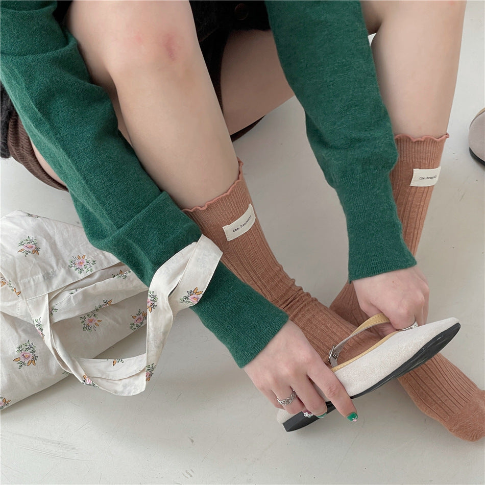 New Autumn And Winter Sweet Ruffled Socks For Girls Solidcolor Mid-calf Length