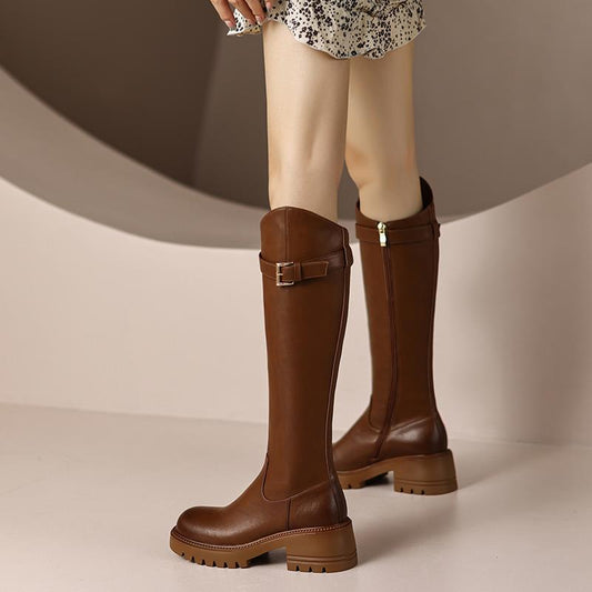 Leather High Heel Knee Boots British Style Round Toe Chunky