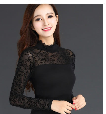 New Fungus Collar Mesh Lace Bottoming Shirt Slim Long-sleeved T-shirt Ladies Top