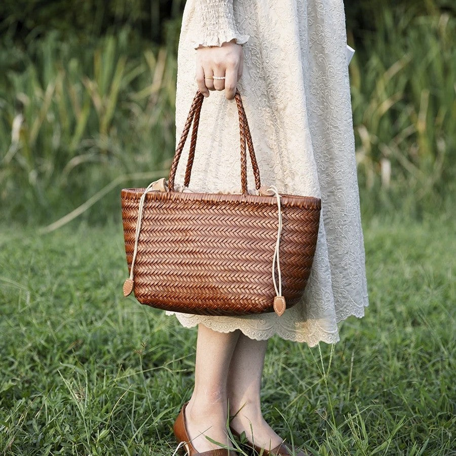 Women's Vintage Leather Shoulder Basket Bag