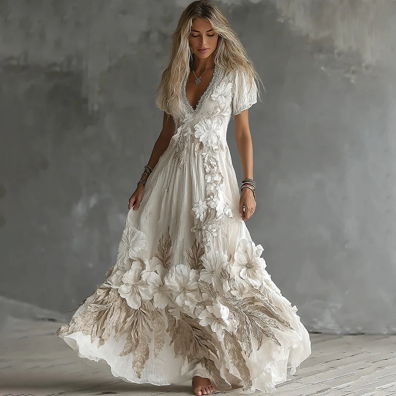Retro Bohemian Rose Embroidered Linen Loose-Fit Long Dress