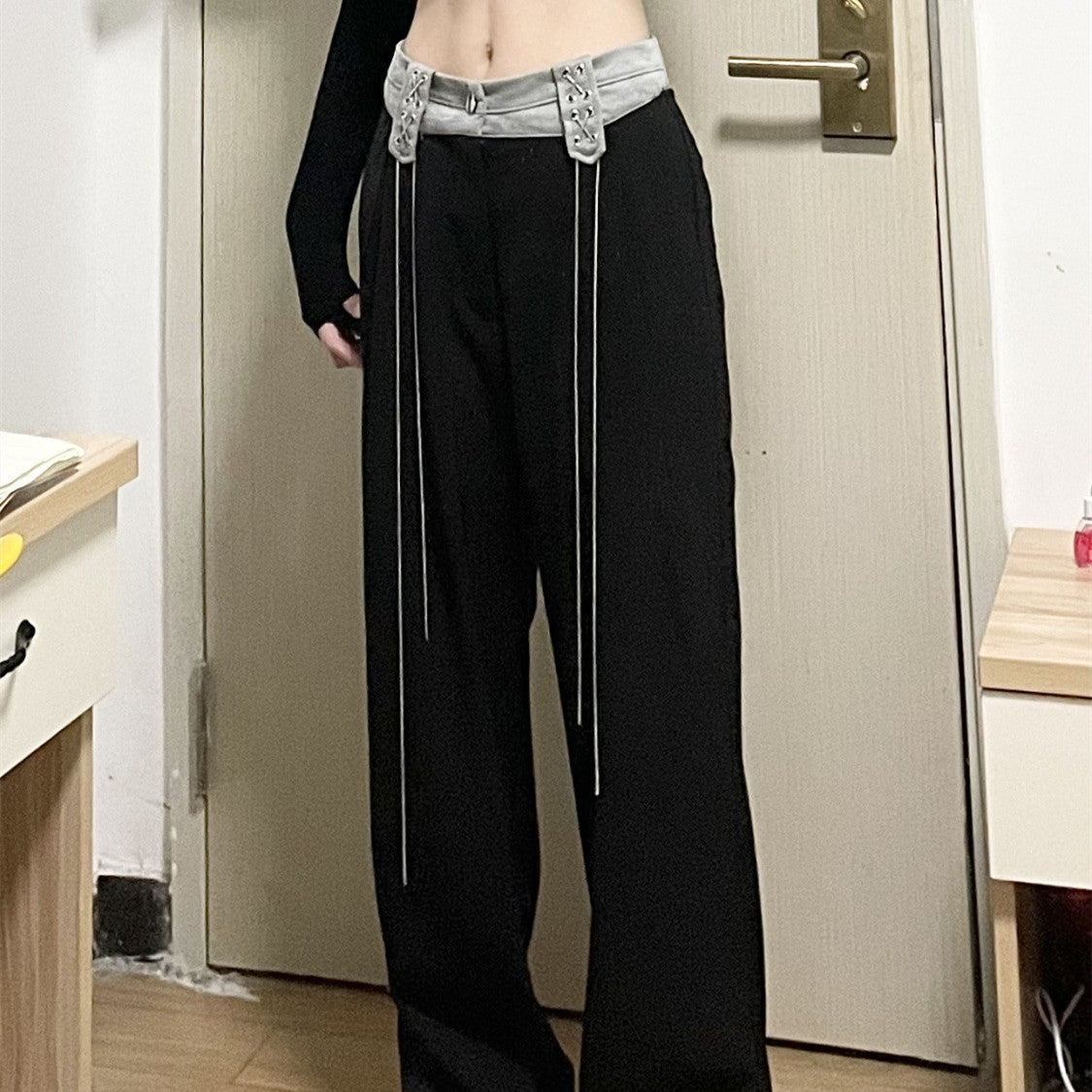 Retro Splicing Clash Color High Waist Wide Leg Straight Pants Women