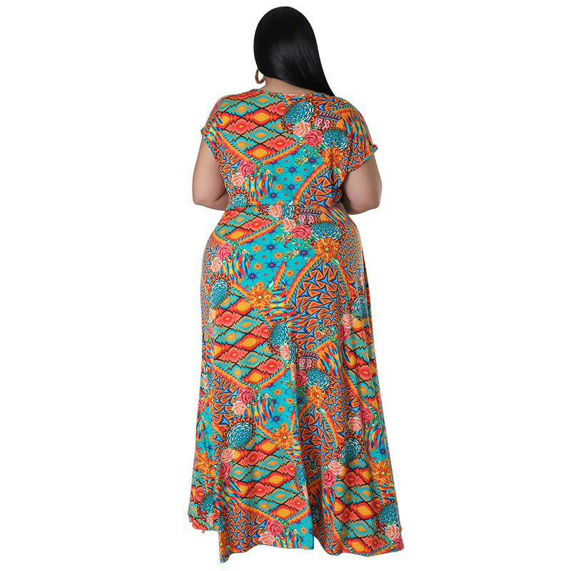 Persian-style V-neck Short-sleeve Split Maxi Dress In Plus Sizes