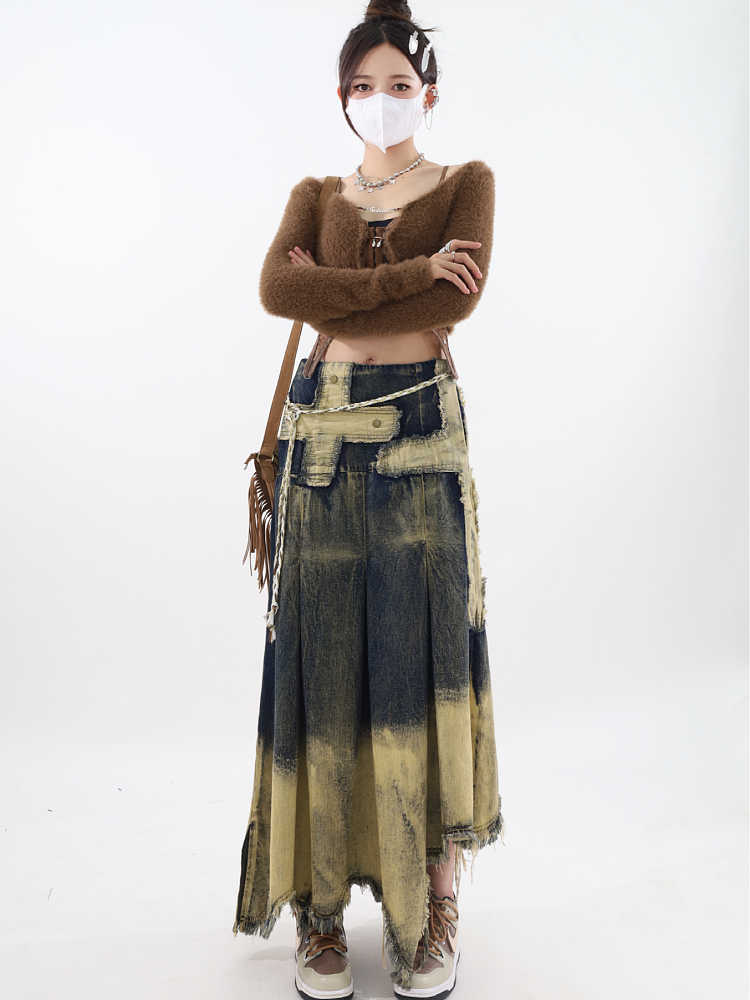 Irregular Patch Distressed Raw Edge Denim Skirt