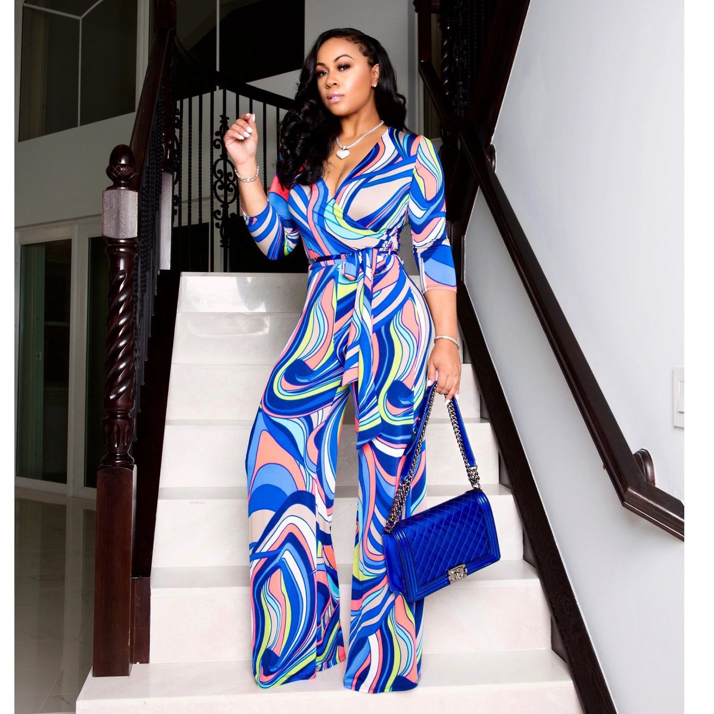 Women's V-Neck Long Sleeve Print Jumpsuit