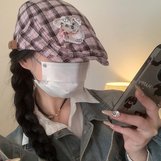 Y2g Japanese Plaid Sweet Girl Puppy Embroidery Advance Hats