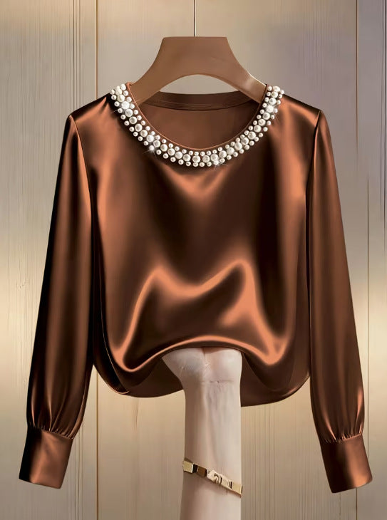 Simple Solid-Color Fashionable Beaded Crew-Neck Long-Sleeve Womens T-Shirt