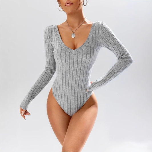 Simple Casual Solid Color Deep V-neck Slim Fit Waist-controlled Long Sleeves Jumpsuit Women