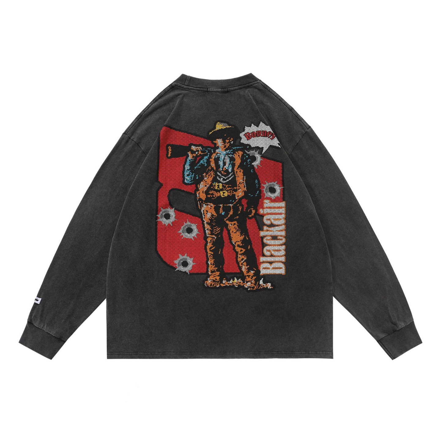 Denim Print Vasket Slidt Løs Langærmet T-Shirt