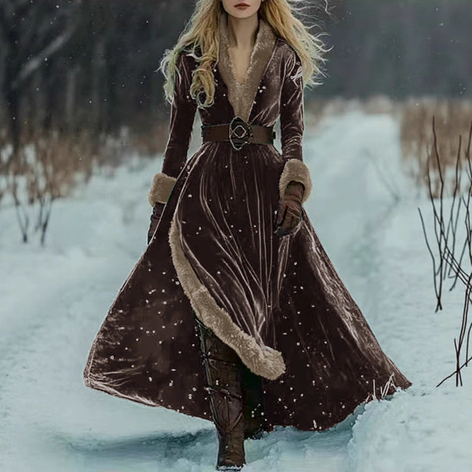 V-neck Split Autumnwinter Relaxed-waist Coat Dress
