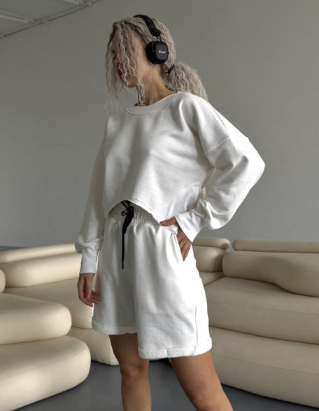 Women's Casual Set Asymmetrical Hem Short-Sleeve Top With Drawstring Shorts